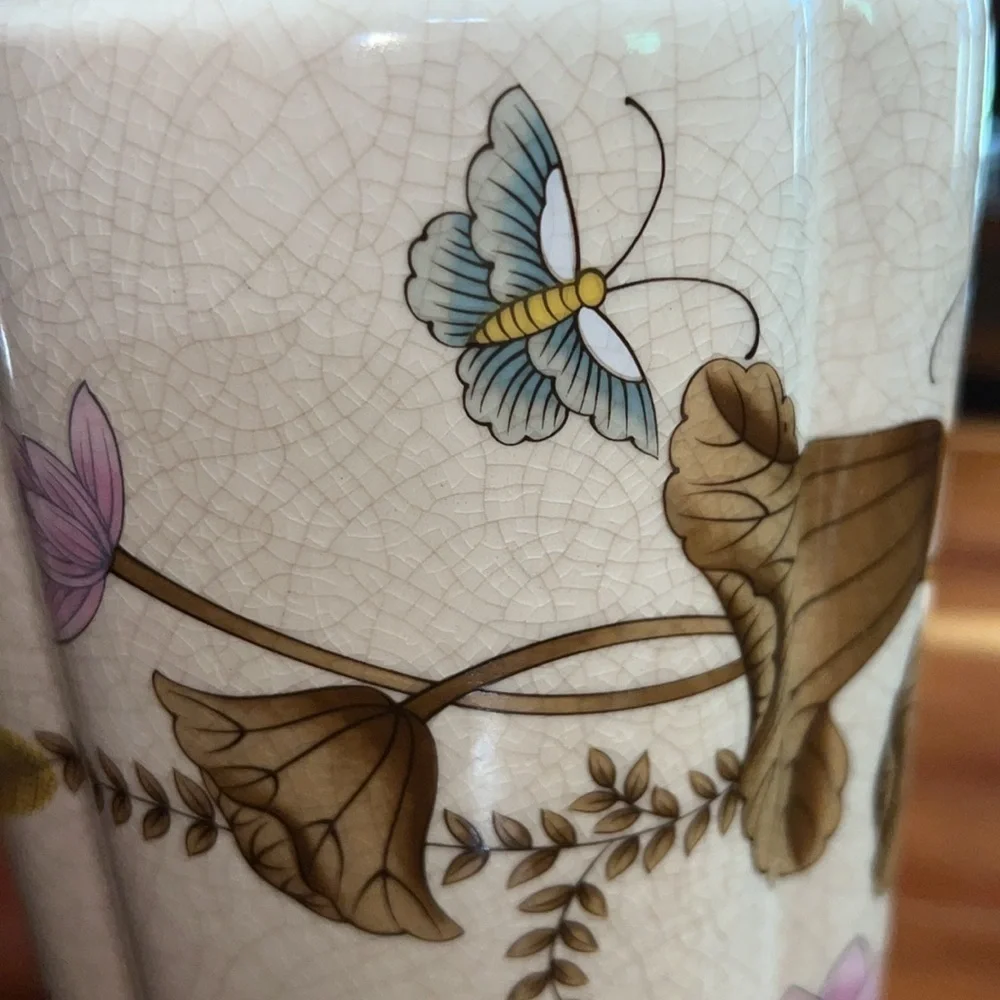 Vintage Andrea by Sadek Japan Lotus Flowers Butterfly Tall Vase